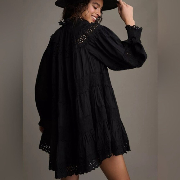 Anthropologie Maeve Eyelet Long-Sleeve Lace Mini Dress - Picture 2 of 10